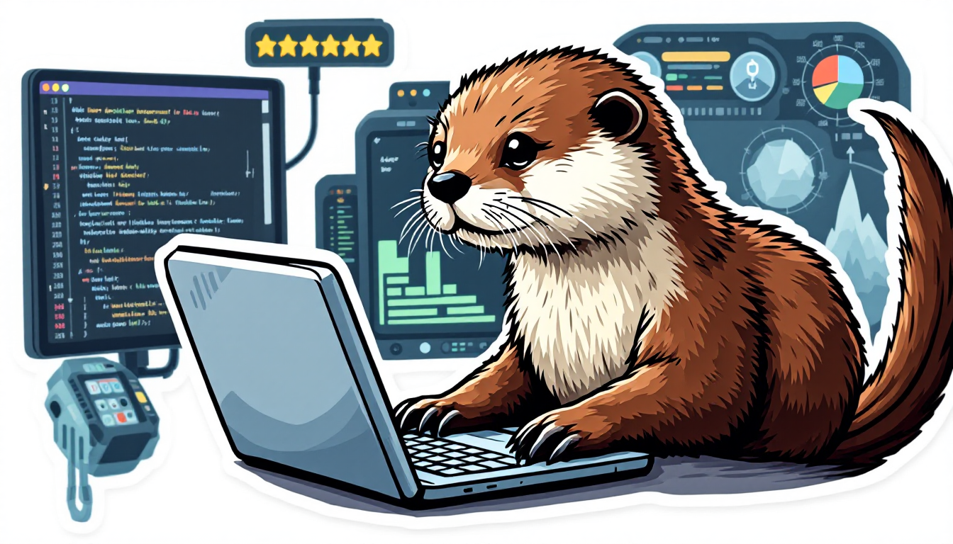 AI 이미지로 스티커 만들기 예시 - 노트북으로 코딩하는 귀여운 수달 스티커 이미지