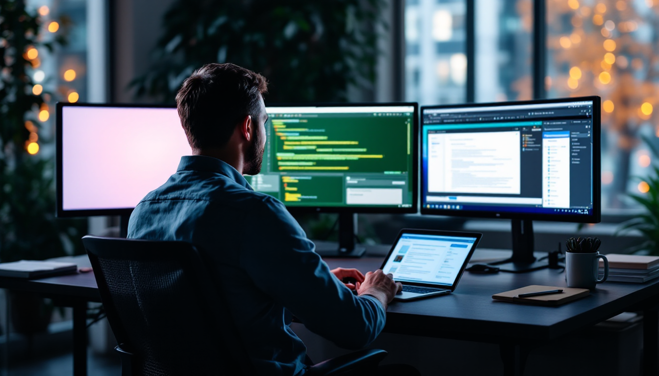 Microsoft Copilot, 뤼튼 무료 플랜, Notion AI 인터페이스를 관리하는 전문가의 책상 풍경