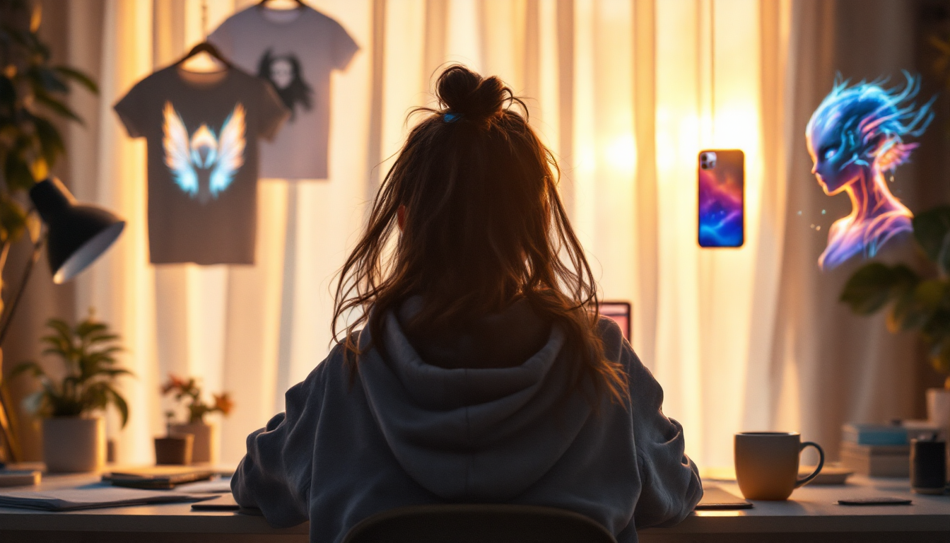 AI 굿즈 제작 부업을 상상하는 사람과 다양한 굿즈 모습