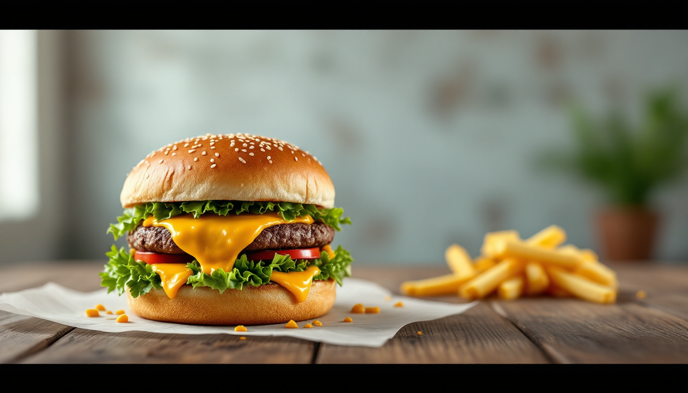 Sandcastle AI 프롬프트로 생성한 녹아내리는 치즈가 올라간 치즈버거의 고화질 음식 사진