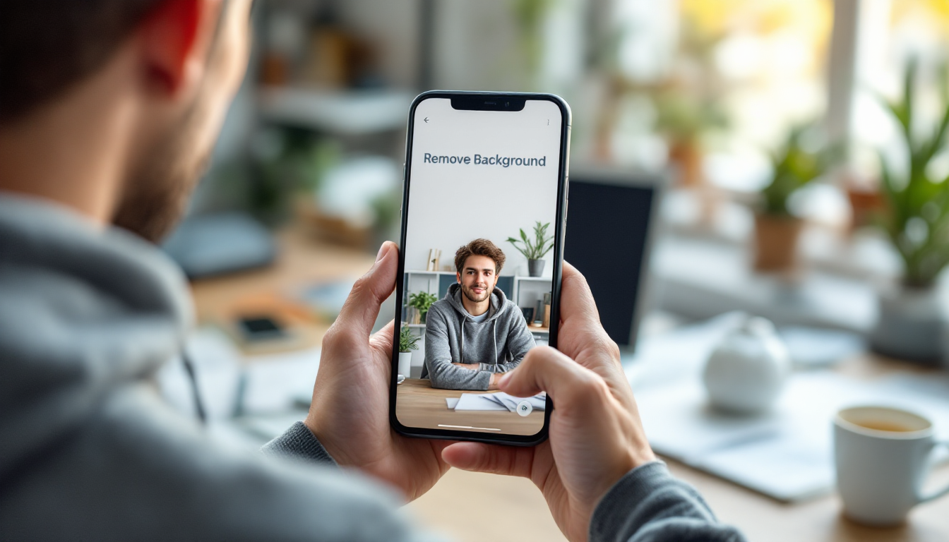 스마트폰으로 AI 사진 배경을 제거하는 모습을 보여주는 이미지