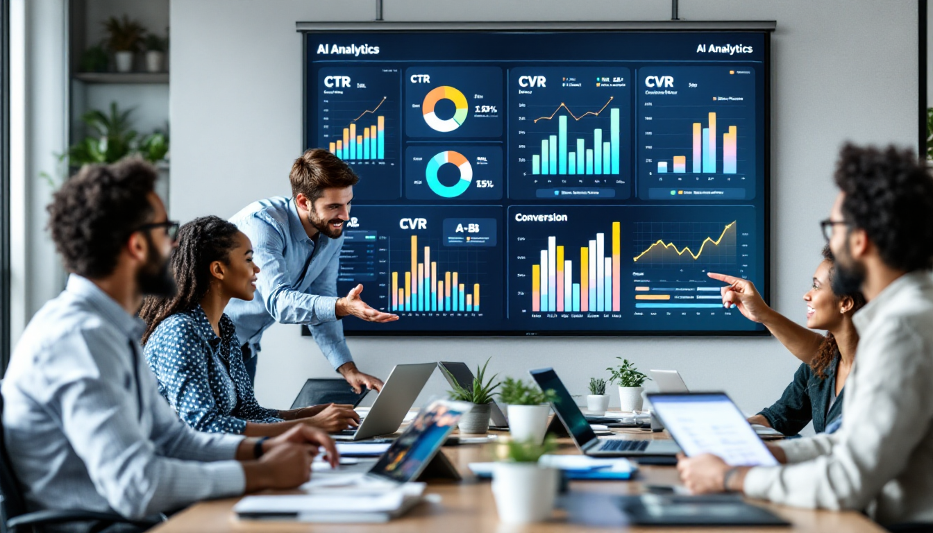 AI 기반 광고 성과 분석 및 최적화를 하는 마케팅 팀과 클릭률, 전환율 지표가 보이는 대시보드