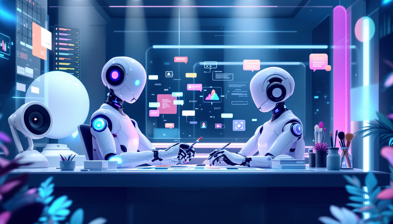 협력하는 두 AI 도구, 제미나이와 미드저니를 상징하는 이미지 비유, 미래 지향적 스튜디오