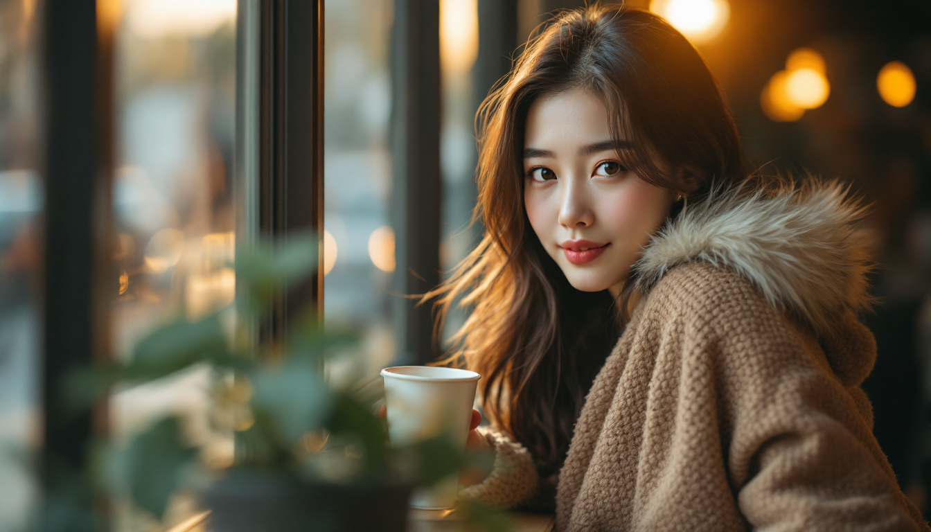 나노바나나 프롬프트로 생성된, 카페 창가에 앉아 부드러운 아침 햇살이 비치는 20대 한국 여성의 초상화