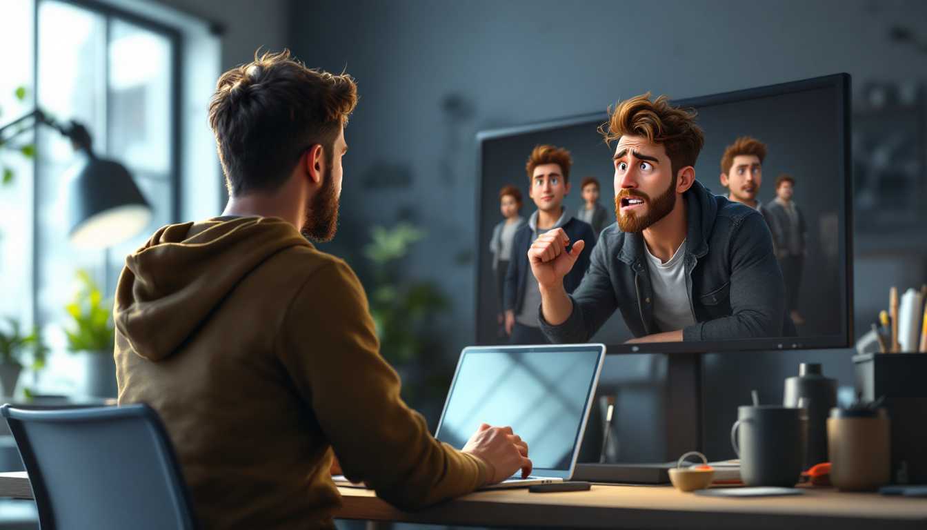 미드저니 캐릭터 일관성 문제로 여러 모습의 캐릭터를 보며 답답해하는 디지털 아티스트