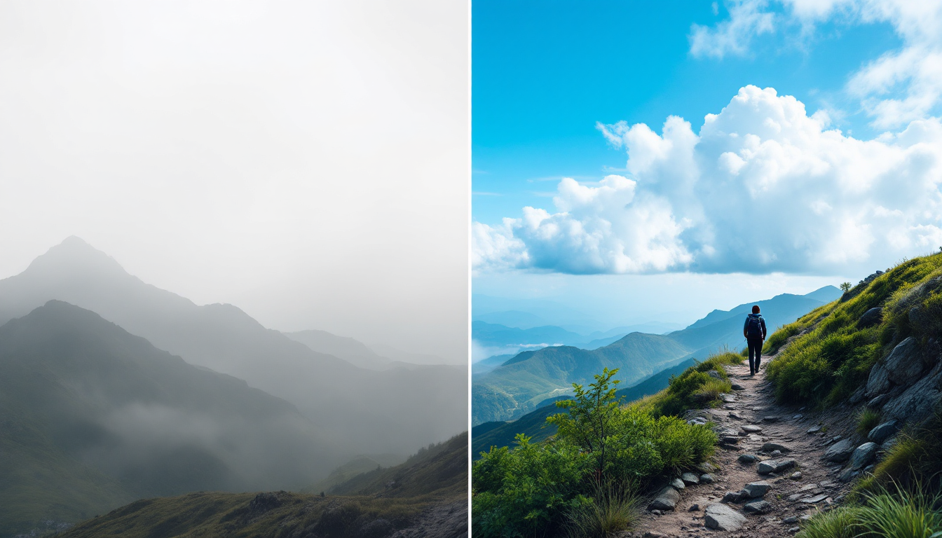 AI 사진 편집으로 흐린 하늘의 여행 사진을 파란 하늘로 바꾸는 전후 비교