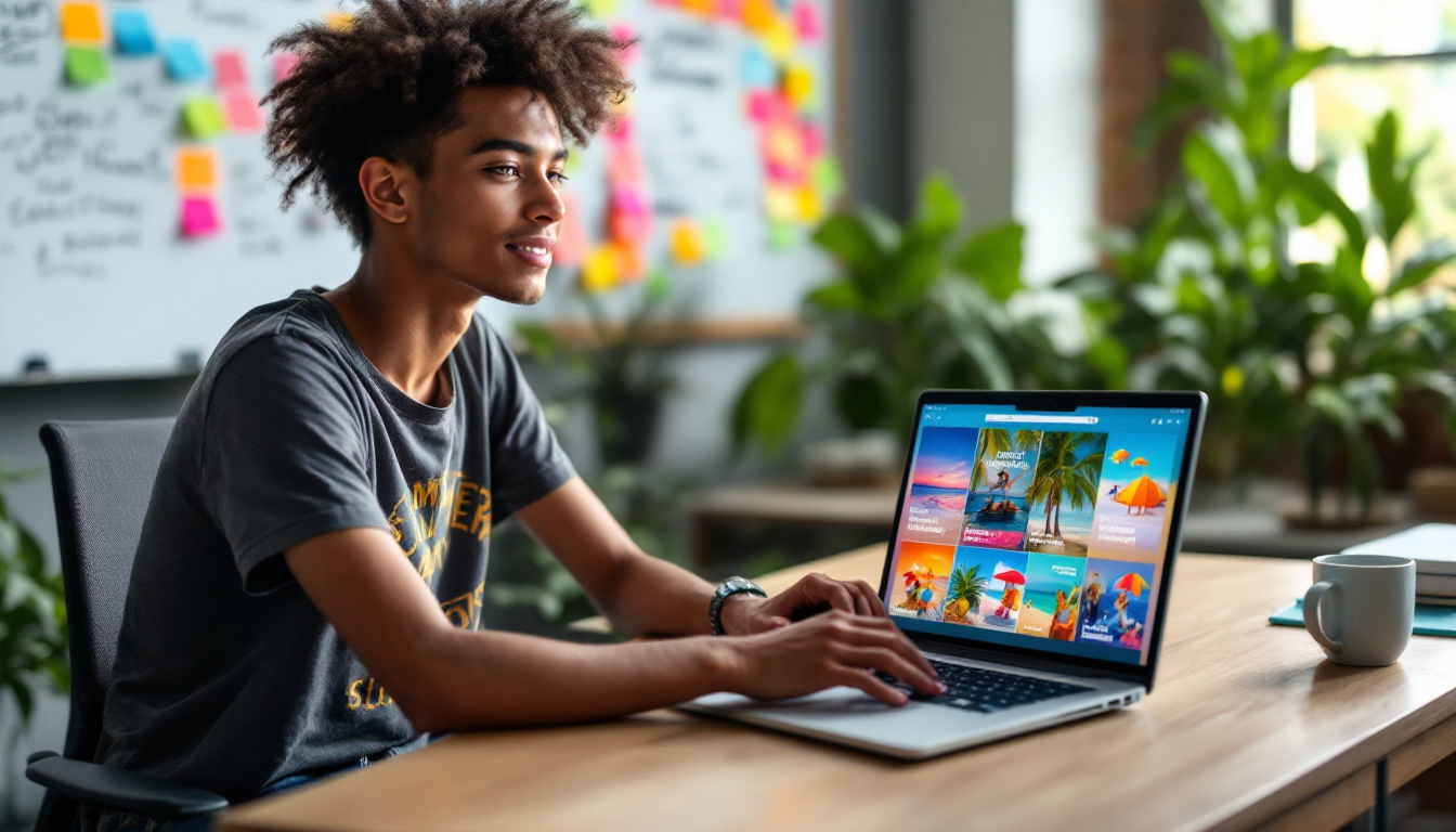 ChatGPT를 사용해 다채로운 여름 휴가 마케팅 문구를 생성하는 마케터의 모습