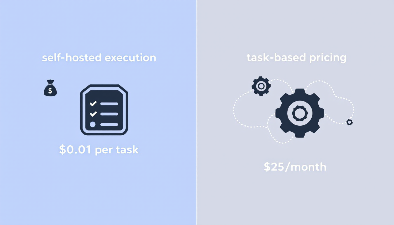 n8n의 실행 기반 과금과 Zapier의 태스크 기반 과금 모델을 비교하는 그래픽