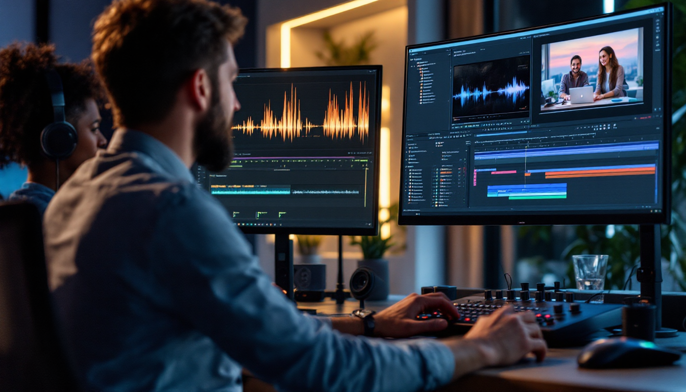 AI 편집 도구로 배경 소음 제거, 자막 추가, 영상 비율 자동 변환 작업을 하는 영상 편집자들의 모습